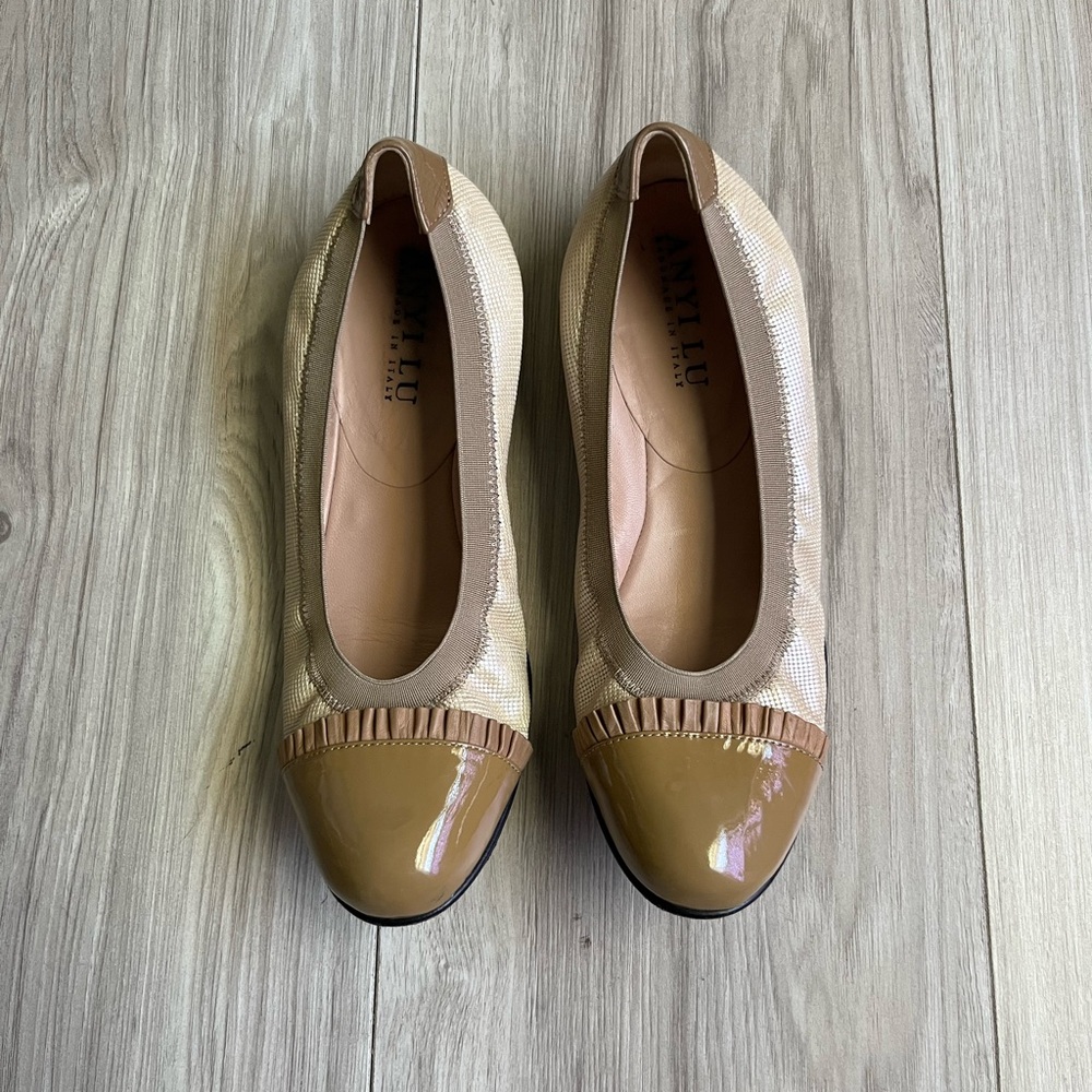 Anyi Lu Beige and Brown Handmade Patent Leather Ballet Style Slipers
